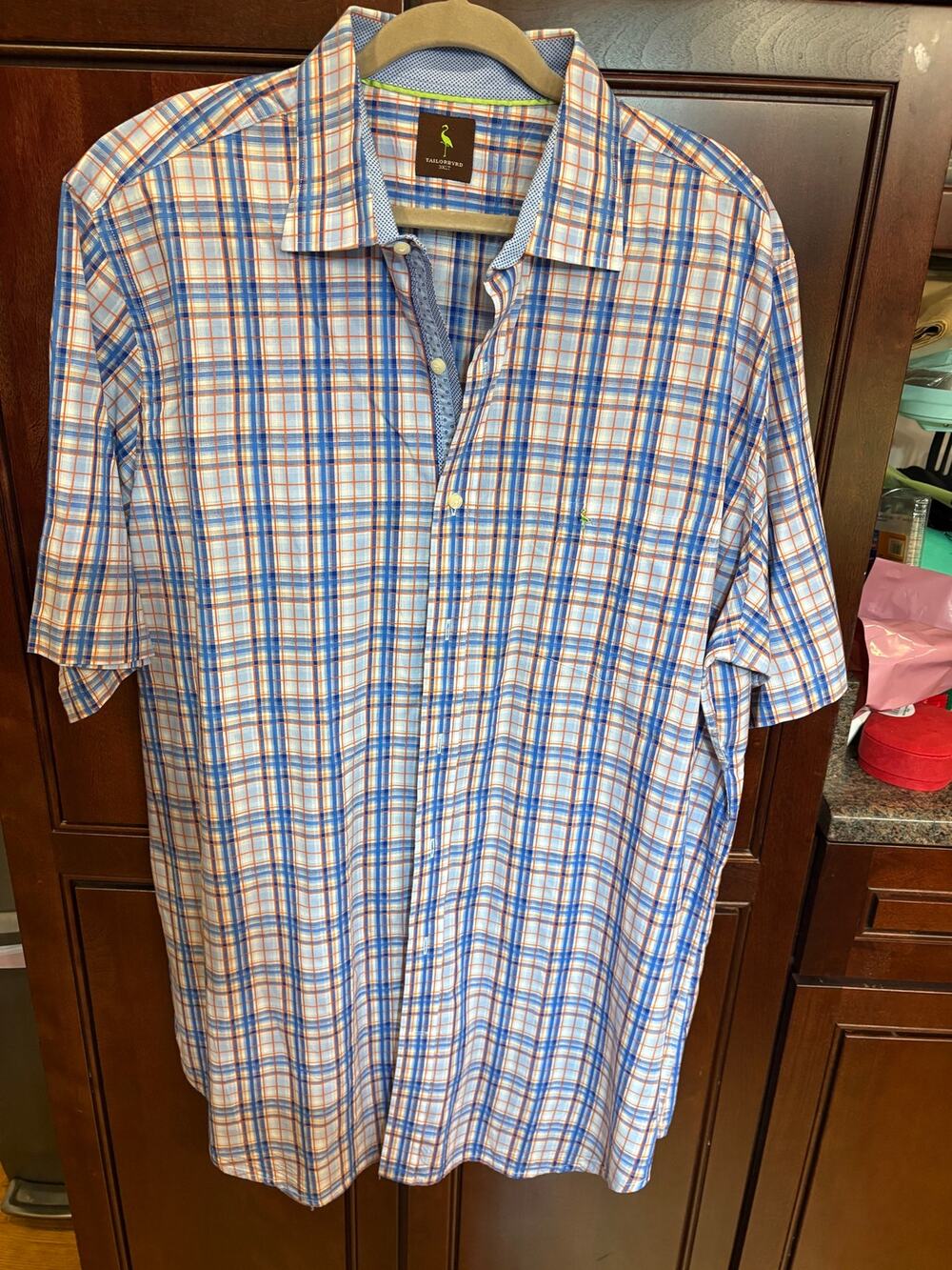 Tailor Byrd Mens Blue Orange Plaid Short Sleeve Button Front Casual Size 3XLT